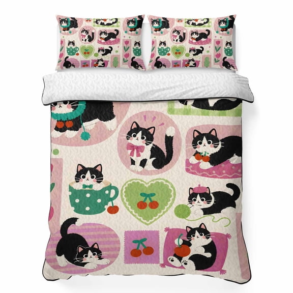 Black Cat Twin Quilt Bedding Set, Kawaii Playful Pet Pink Tulips Plaid Shabby Chic Lightweight Comforter with 2 Pillow Shams Bedroom Bedspread Set Home Decor for All Seasons