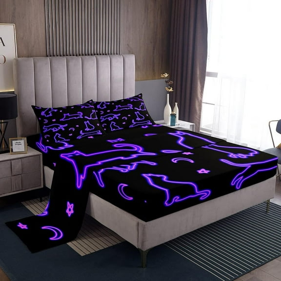 Black Cat Twin Sheets Set, Glowing Stars Moon Bed Sheets Set , Neon Purple Line Cat Sheets With Deep Pocket, Kawaii Kitten Flat Fitted Sheet, Cute Cartoon Cat Top Sheet Room Decor