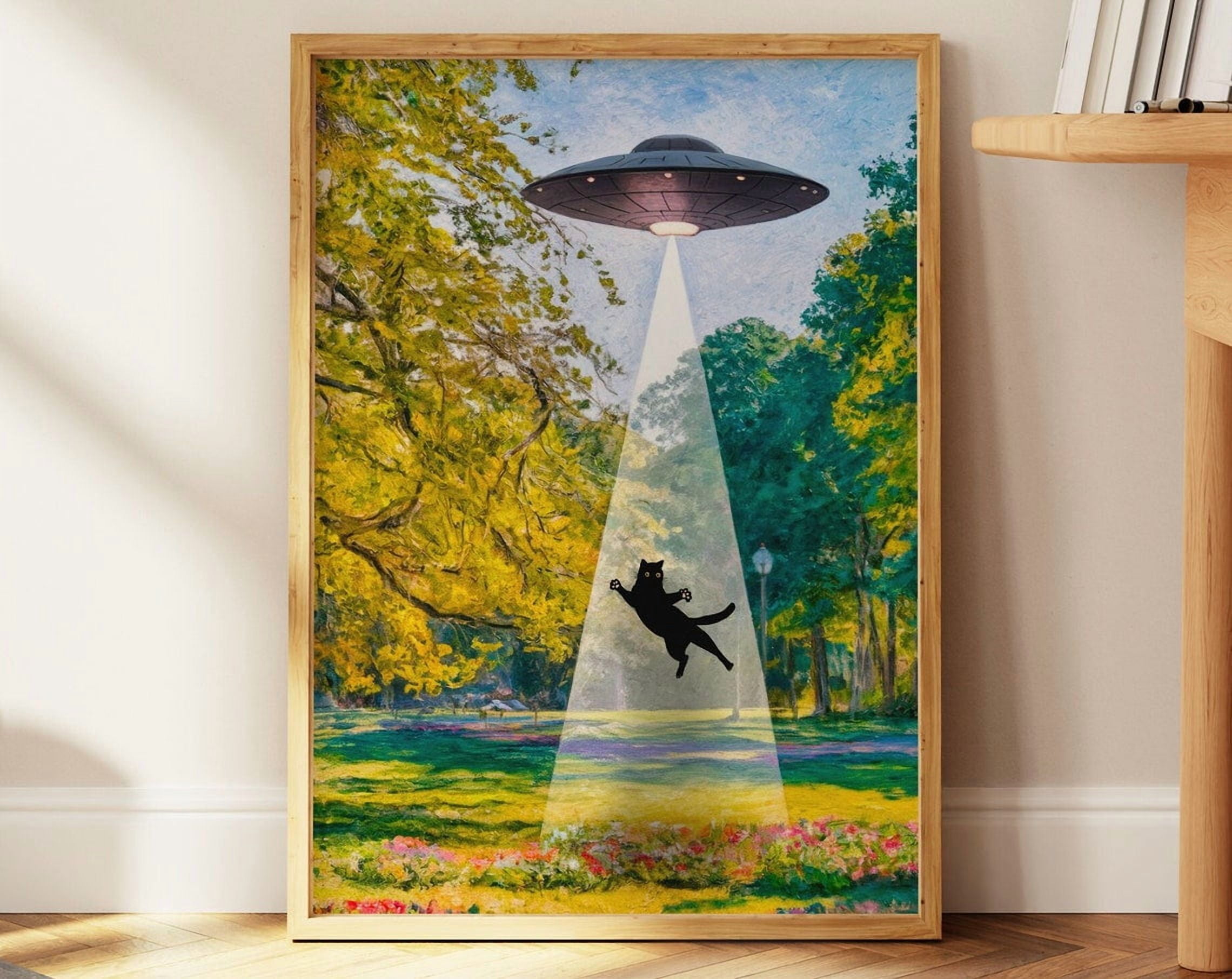 Black Cat UFO Abduction Wall Art Print, Surreal Artistic Home Decor ...