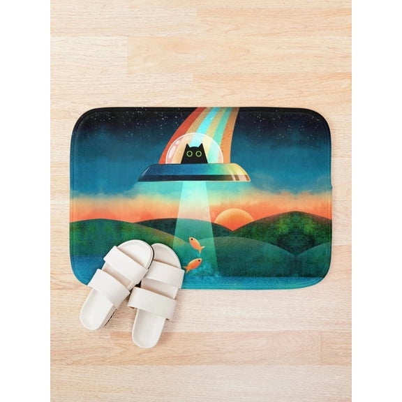 Black Cat UFO Bath Mat, Rainbow Galaxy Cat Floor Mat, Space Fish Bathroom Rug, 2 Size Options