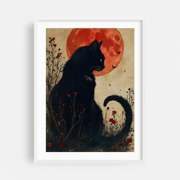 Black Cat Under Blood Moon - Digital Art Cat Gothic Halloween Moon Mystical Fantasy Surrealism White Framed Wall Art Print 20 x 30 inches