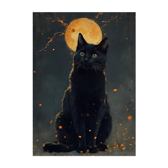Black Cat Under Full Moon - Digital Art Cat Moon Halloween Mystical Night Sky Animal Surrealism Unframed Wall Art Print 5 x 7 inches