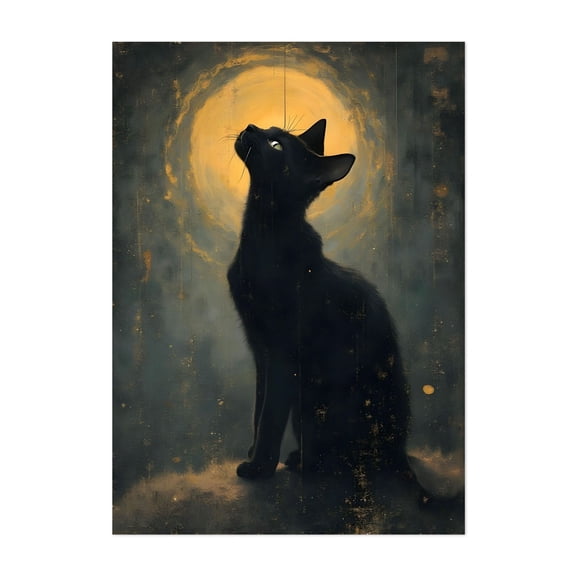 Black Cat Under Moonlight - Digital Art Cat Silhouette Moon Gothic Mystical Animal Night Sky Unframed Wall Art Print 4 x 6 inches