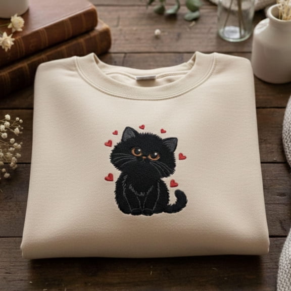 Black Cat Valentines Embroidered Sweatshirt Cat Lover Valentine's Shirt Heart Love Embroidery Pullover Cute Cat Clothing Gift For Her