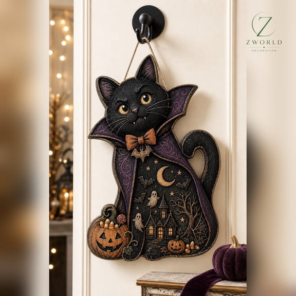 Black Cat Vampire Sign, Halloween Cat Door Hanger, Gothic Wooden Wall Decor, Spooky Haunted House Fall Sign