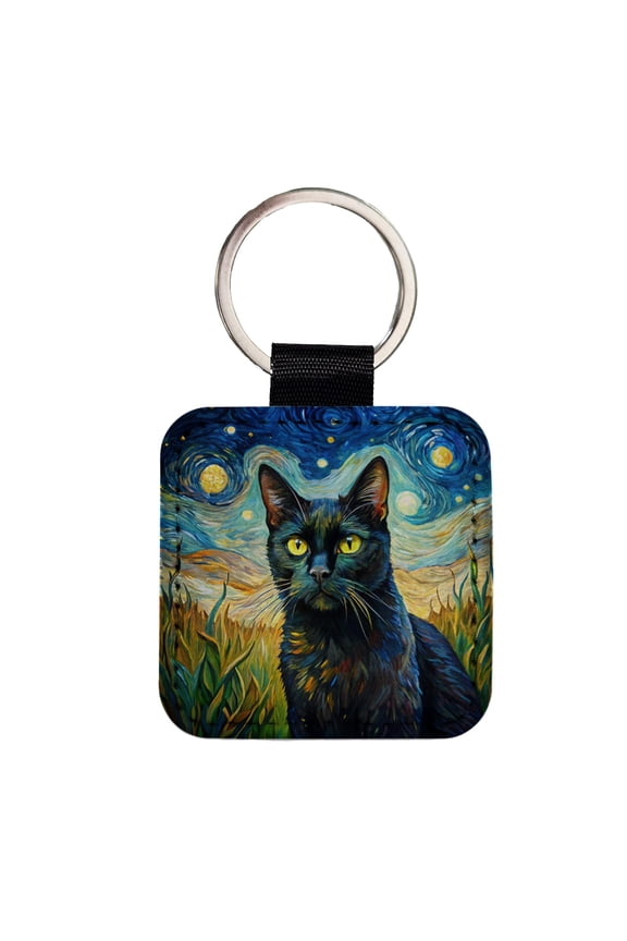 Black Cat Van Gogh Style Painting Faux Leather Square Keychain