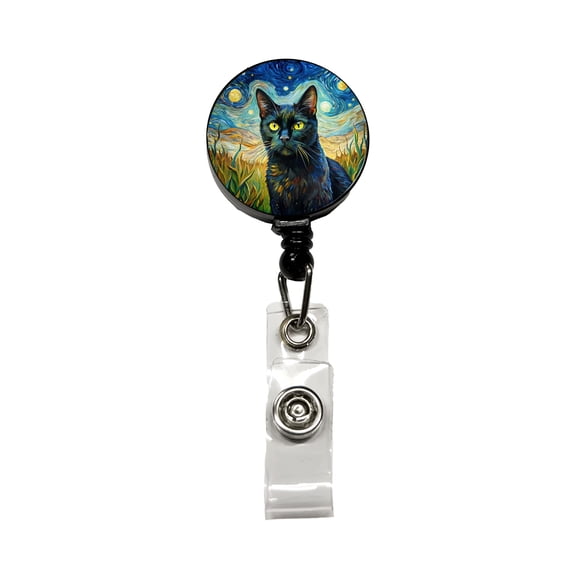 Black Cat Van Gogh Style Painting Retractable Reel ID Badge Key Card Name Tag Holder with Clip