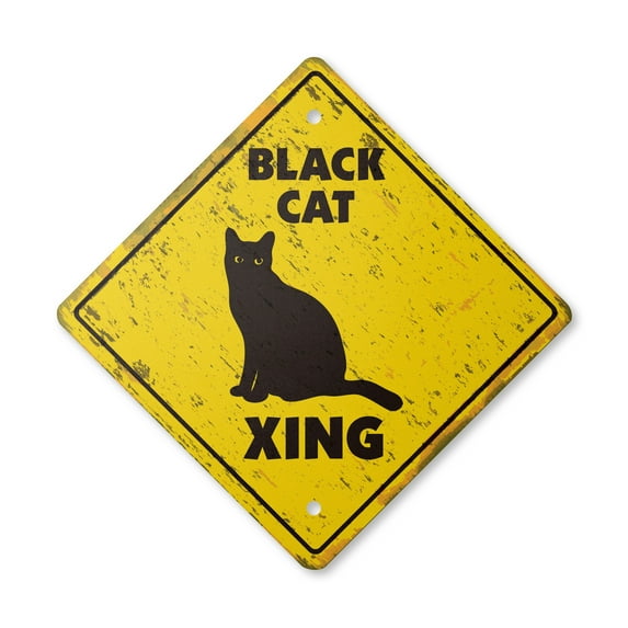 Black Cat Vintage Crossing Sign Zone Xing | Indoor/Outdoor Plastic | 20" Tall rustic kitty cats kittens witch halloween