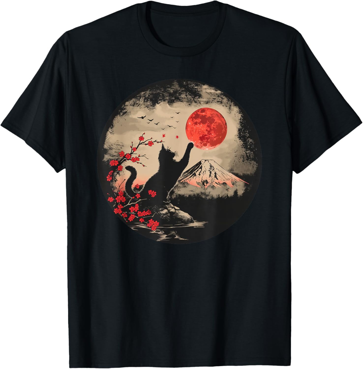 Black Cat Vintage Japan Art Japanese Theme Retro Print T-Shirt ...