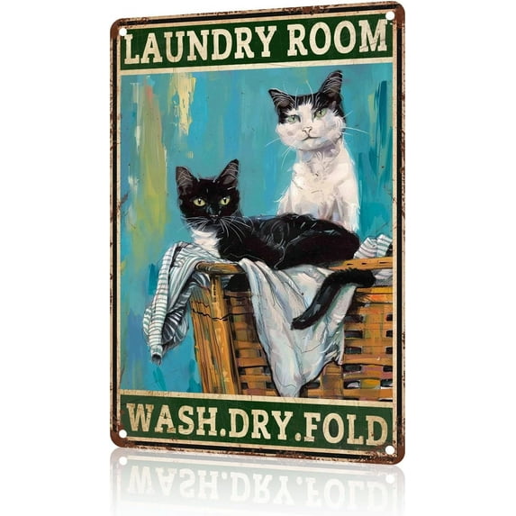 Black Cat Vintage Metal Tin Sign Laundry Room Wash Dry Fold Funny Black Cat Bathroom Decor Home Wall Decor club gift 8x12 inch
