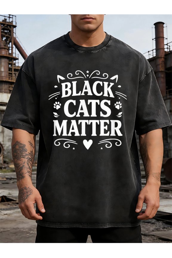 Black Cat Vintage Retro T-Shirt with Rustic Textured Pattern, featuring paw prints and hearts. Eye-catching serif font design. Soft round-neck casual top suitable for both men and women.