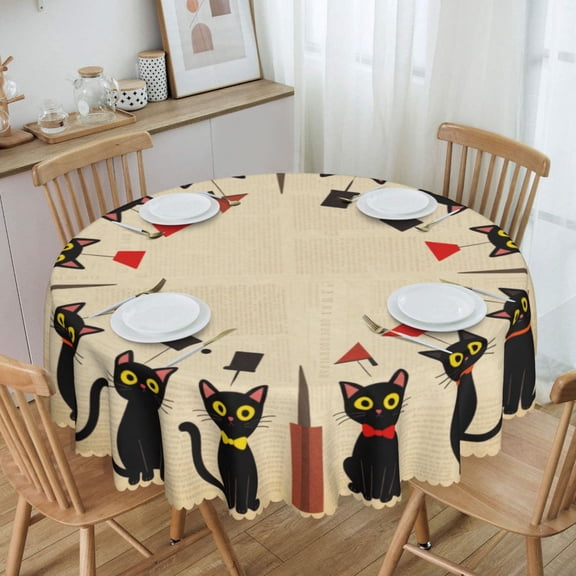 Black Cat Vintage Sketch Wreath Round Tablecloth Waterproof Oil Proof Spill Proof Table Cloth 70" for Camping, Dining, Indoor and Outdoor Table Cover