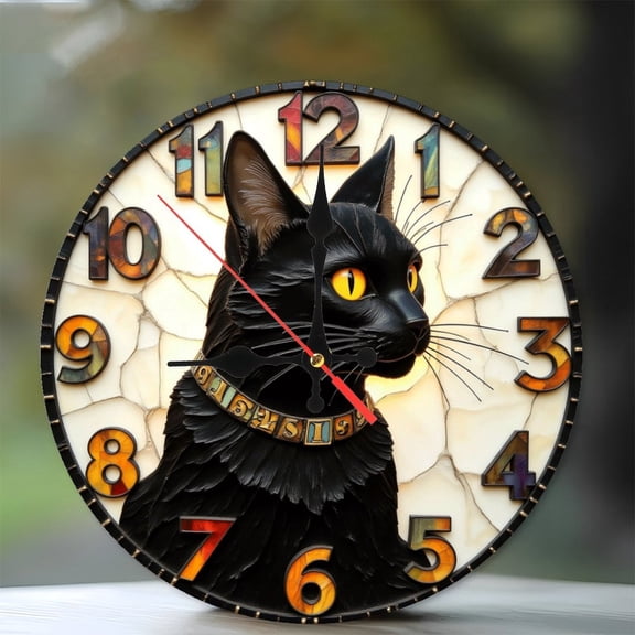 Black Cat Vintage Wall Clock Decor with Unique Design 10-Inch Silent Wooden Wall Clock, Battery Operated (AA Batteries Not Included), Artistic Home Decor