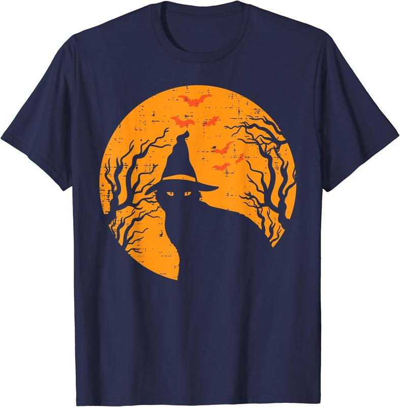 Black Cat WItch Full Moon Vintage Halloween . Gift Cotton . Full Size