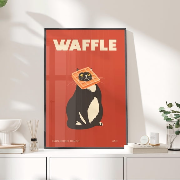 Black Cat Waffle Face Wall Art Retro Kitchen Decor, Unframed Paper Print Size 8x12