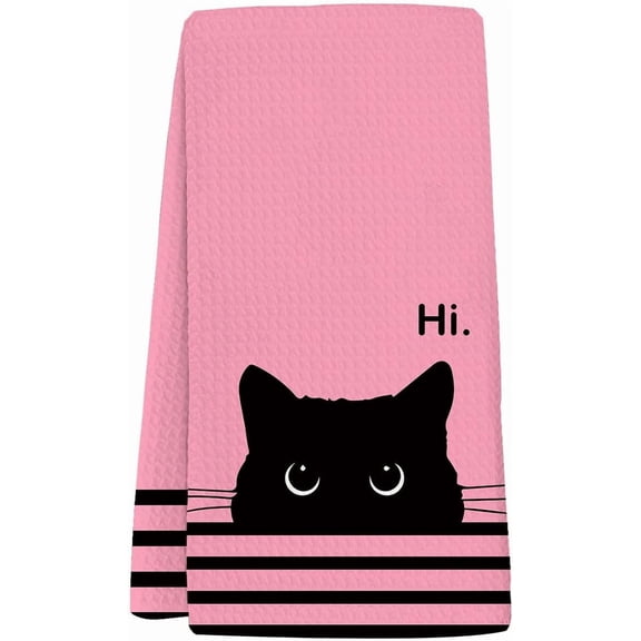 Black Cat Waffle Kitchen Towels, Gifts for Cat Lovers Moms Dish Tea Towels for Kitchen, Decorative Hand Towels for Bathroom Guest Room Decor, 16x24 Inch (Pink)