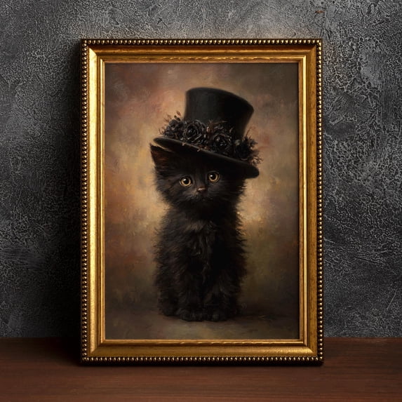Black Cat Wall Art Print, Witch Hat, Gothic, Halloween, Victorian, Dark ...