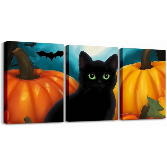 Black Cat Wall Artwork Print,Autumn Pumpkin Maple Leaves Canvas Wall Art for Teens Adults,Halloween Style Cartoon Bat Kitty Art Decor Painting for Party Bathroom,3 Panels 12x16 Inch