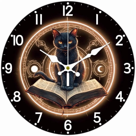 Black Cat Wall Clock 12 Inch Battery Operated Wall Clocks Magic Book Non Ticking Silent Clocks Decorative Clock for Living Room Office Bedroom Home Decor Colorful