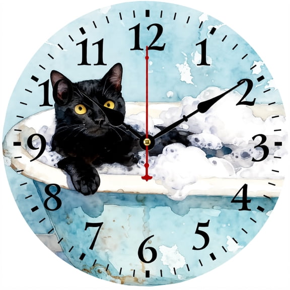 Black Cat Wall Clock 9.84 Inch, Funny Cat Bathroom Decor, Battery Operated Round Analog Clock with Easy to Read Numbers for Bathroom Bedroom Kitchen Living Room