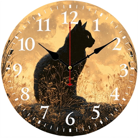 Black Cat Wall Clock, 9.84 Inch Golden Moon Cat Decor, Battery Operated Analog Clock, Easy to Read for Living Room Bedroom Kitchen Office