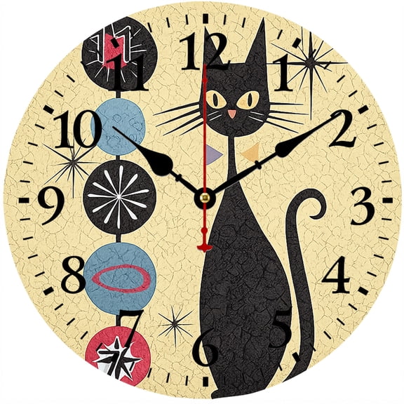 Black Cat Wall Clock, 9.84 Inch Retro Mid Century Modern Atomic Clock, Battery Operated Round Vintage Decorative Wall Clock for Kitchen, Living Room, Bedroom, Office
