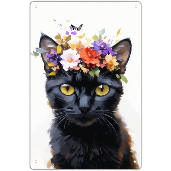 Black Cat Wall Decor, Cats Gift for Kitten, Cat Lovers, Cute Floral Cat Wall Art, Decorations With Black Cat Sign for Girls Bedroom, Kids Room, Funny Cat Bathroom Signs 12x8 Inches