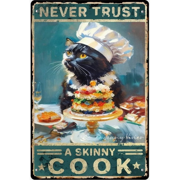 Black Cat Wall Decor, Never Trust A Skinny Cook Cat Retro Metal Tin Sign, Cat Holiday Cookie Tin for Home Coffee Restaurant Snack Bar Inn Man Cave, Baking Lovers Gift 12x8 Inches