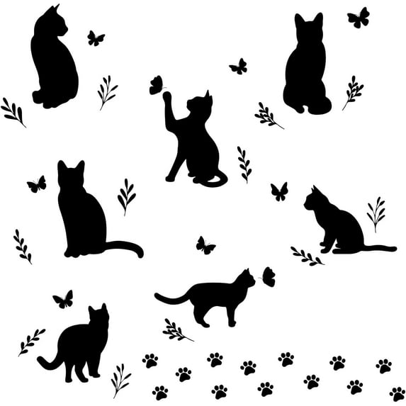 Black Cat Wall Stickers Cat Silhouette Decals Butterfly Wall Decor Paw Print Sticker Animal Art Vinyl Door Decal Halloween DIY Art Window Clings DIY