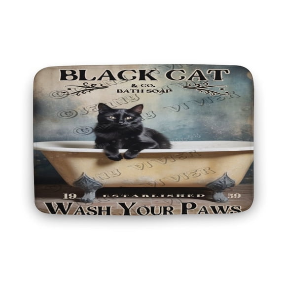 Black Cat Wash Your Paws Bath Mat,Cute Cartoon Black Cat Bathroom Rugs No Slip,Cute Shower Rug, Washable Cover Floor Rug Carpets Floor Mat 16"x24"