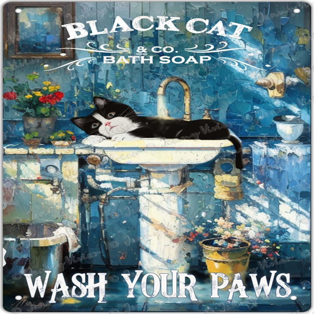 Black Cat Wash Your Paws Retro Metal Square Tin Sign, Funny Bathroom ...