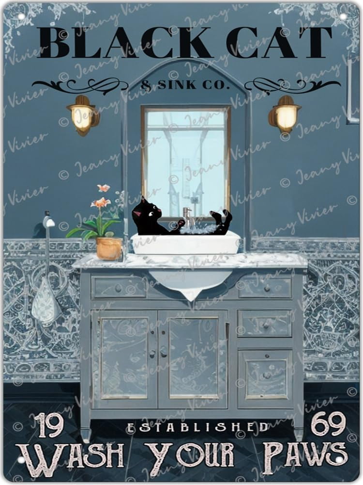 Black Cat Wash Your Paws Retro Metal Tin Sign Kitten Lovers Gift Funny