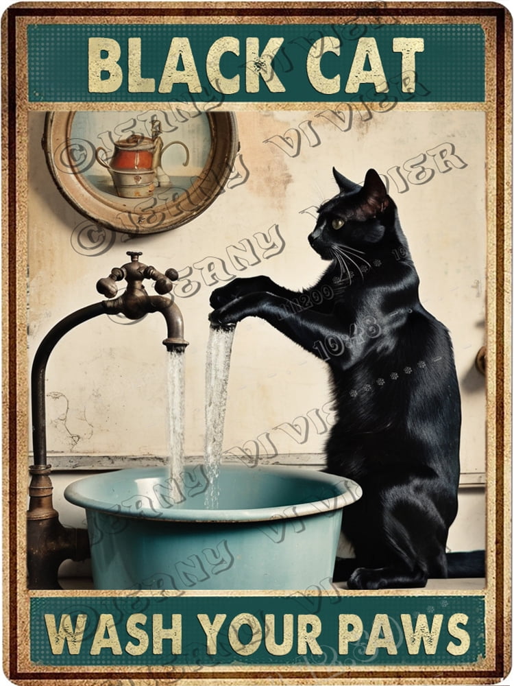 Black Cat Wash Your Paws Sink Co Vintage Aluminum Sign 12x16 IN Cat ...