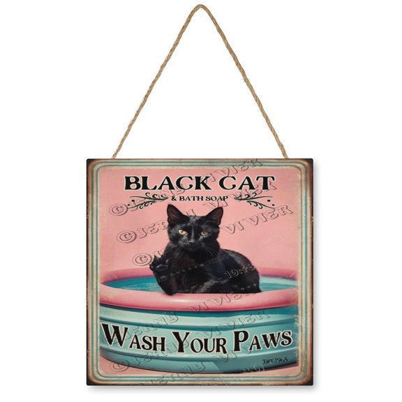 Black Cat Wash Your Paws Welcome Decor Sign, Hanging Wood Sign Home Decorative, Printed Wood Wall Art Sign Porch Decor Sign, Farmhouse Front Door Decor Sign 12"x12"