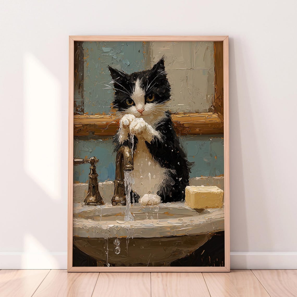 Black Cat Washing Hands – Bathroom Art – Painting Style Print Wall Art ...