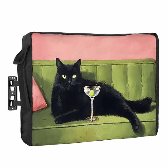 Black Cat Waterproof Outdoor TV Cover, Boho Chic Lack Animal Cocktail Party Green Sofa Outside Weatherproof TV Enclosures for 80 to 85 Inch LCD Television Shield Flat Screen Protectors