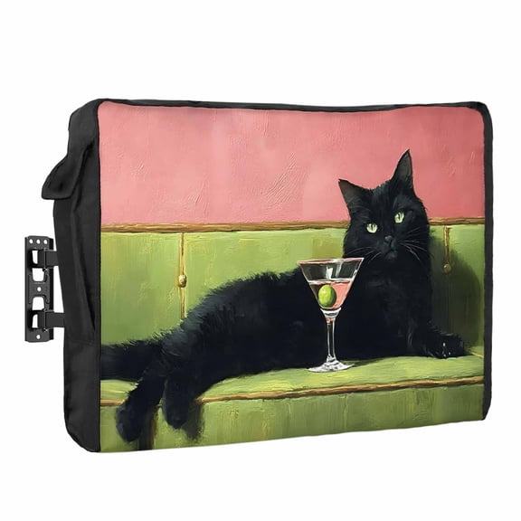 Black Cat Waterproof Outdoor TV Cover, Boho Lack Animal Cocktail Party Olive Green Sofa Outside Weatherproof TV Enclosures for 80 to 85 Inch LCD Television Shield Flat Screen Protectors