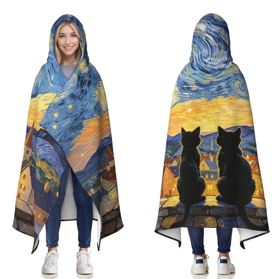 Black Cat Wearable Blanket Hoodies for Women Men Adults Cat Lovers Soft Cozy Starry Sky Cats Hooded Blankets for Bedding Travel Decor Birthday Gifts 50X60 Inch