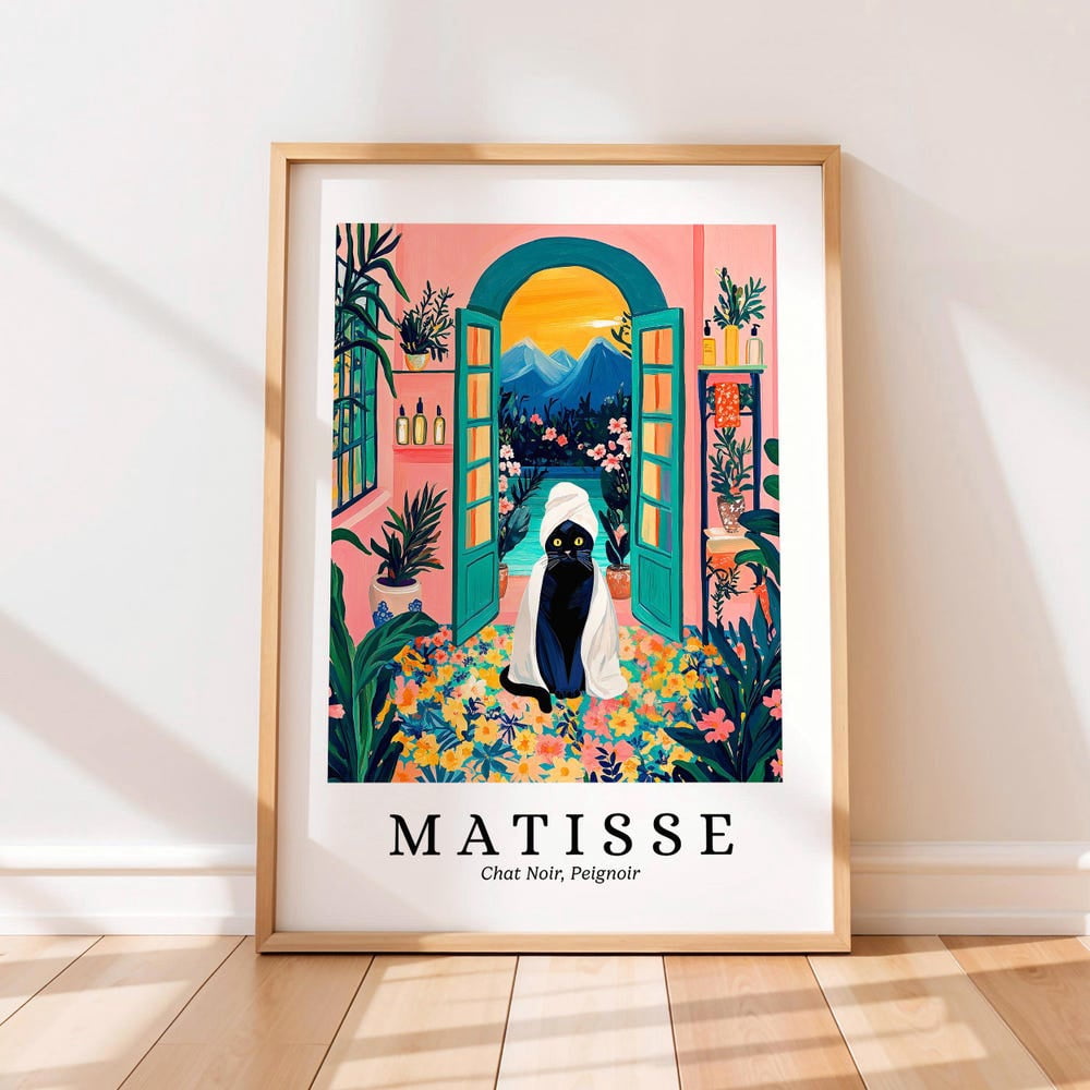 Black Cat Wearing Robe Art Print: Henri Matisse Style Funny Bathroom ...