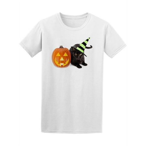 Black Cat Wearing Witch Hat T-Shirt Men -Image by Shutterstock, Male XX-Large