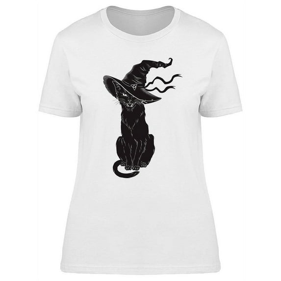 Black Cat Wearing Witch Hat T-Shirt Women -Image by Shutterstock, Female Large