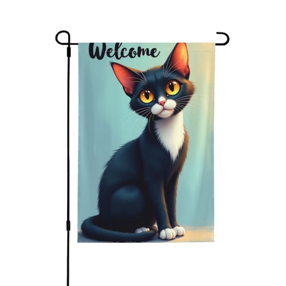 Black Cat Welcome Garden Flag 12.5x18 Inch Vertical Double Sided Curious Looking Tuxedo Cat Tilting His Head Garden Flags Rustic Farmhouse Yard Outdoor Decoration 1 Flag