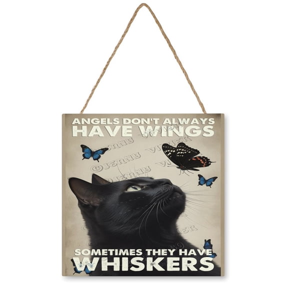 Black Cat Welcome Printed Wood Plaque Sign Wall Hanging,Rustic Hanging Wall Signs for Cat Lover Home Decor, Funny Front Door Porch Welcome Sign 12"x12"