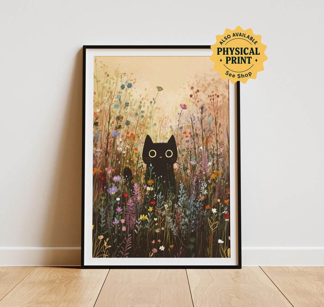 Black Cat Wildflower Meadow Print, Whimsical Cottagecore Wall Art ...