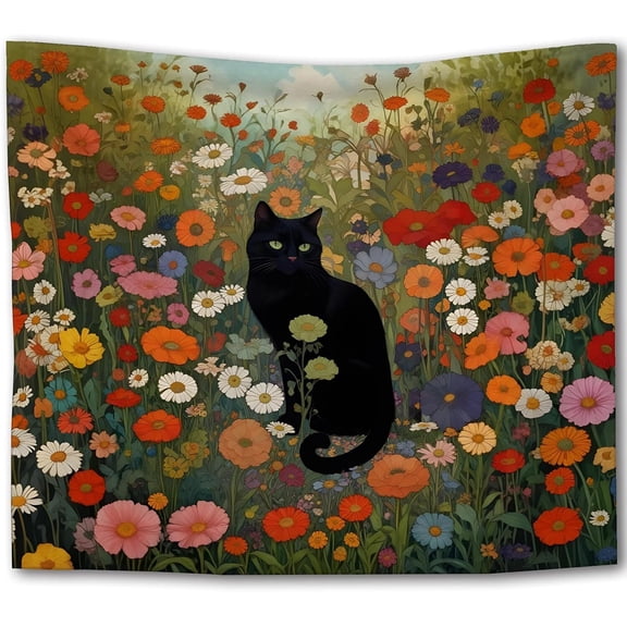 Black Cat Wildflower Tapestry, Floral Field Cat Tapestry Wall Hanging, Cottagecore Flower Botanical Black Kitten Wall Tapestries for Bedroom Living Room Home Decor, 30x40 Inch
