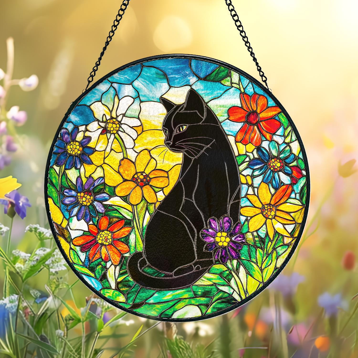 Black Cat & Wildflowers Stained Glass Suncatcher – Nature-Inspired ...