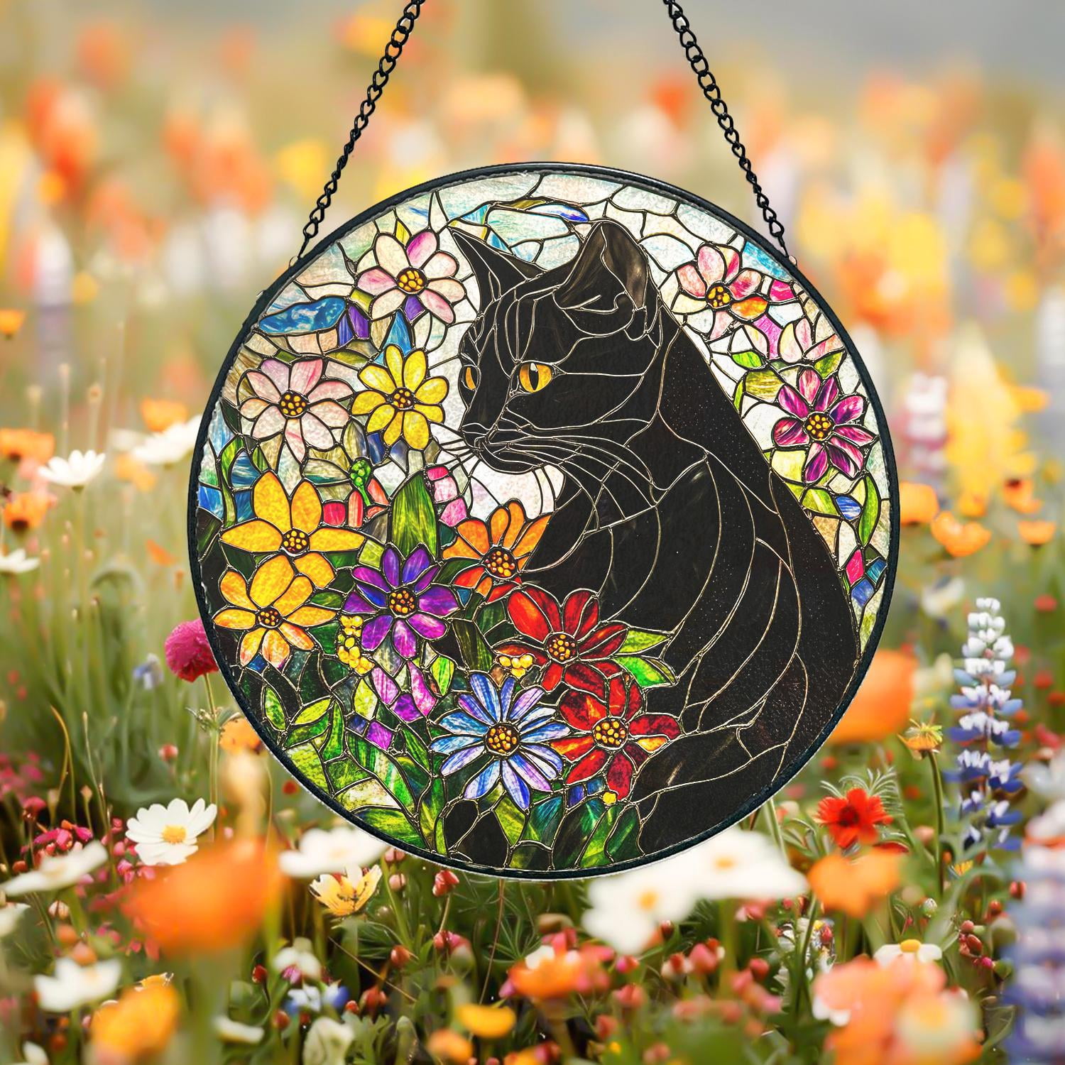 Black Cat & Wildflowers Stained Glass Suncatcher – Window Hanging Decor ...