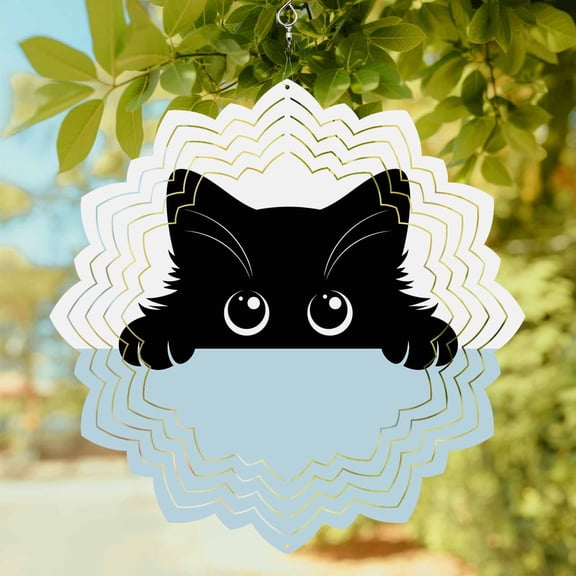Black Cat Wind Spinner for Garden Yard 8In, Cute Cat Cartoon Animal with Big Eye Blue White 3D Stainless Steel Kinetic Hanging Wind Spinners Rustproof Outdoor Decor for Lawn Patio Home