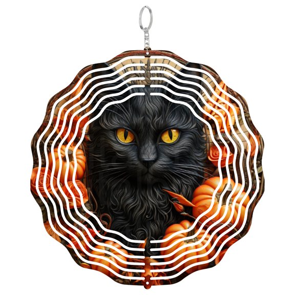 Black Cat Wind Spinner Metal Outdoor Decor Autumn Harvest Orange Black