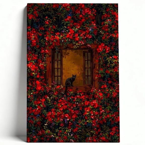 Black Cat by Window Red Floral Framed Canvas Wall Art - Mysterious Cat & Flowers Oil Painting Style Prints - Gothic Garden Home Decor Gift 8*12inch(20*30cm)